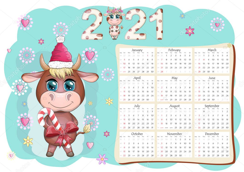 Calendar 2021. The bull is a symbol of the new year, Cartoon cow. Chinese horoscope calendar. Week starts on Sunday.