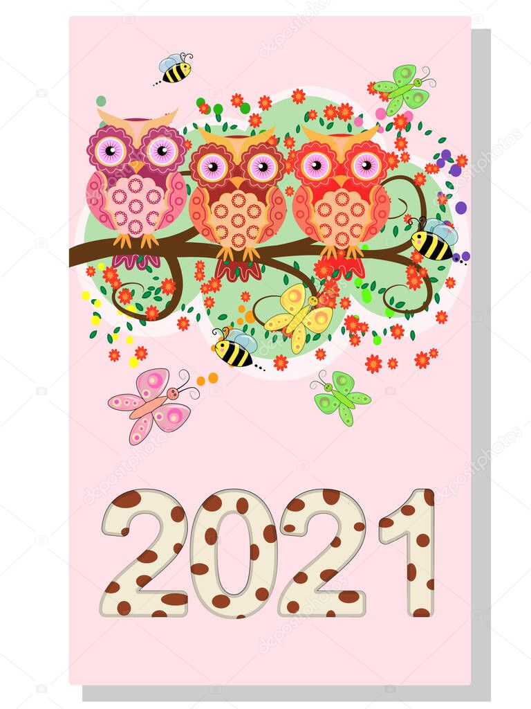 Calendar 2021. Cute owls and birds for cover.