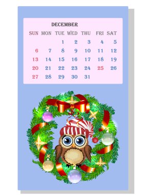 Takvim 2021. Komik karikatür baykuşları olan şirin takvim, Aralık