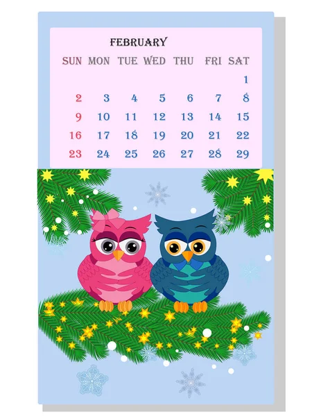 Ημερολόγιο 2021 Χαριτωμένο Ημερολόγιο Αστεία Κουκουβάγιες Κινουμένων Σχεδίων Φεβρουάριος — Διανυσματικό Αρχείο