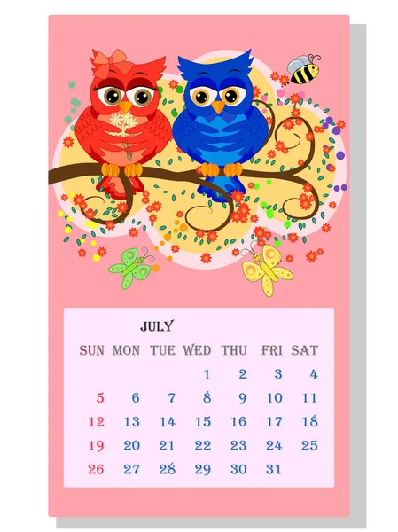 Kalendář 2021 Roztomilý Kalendář Legrační Kreslené Sovy Červenec — Stockový vektor