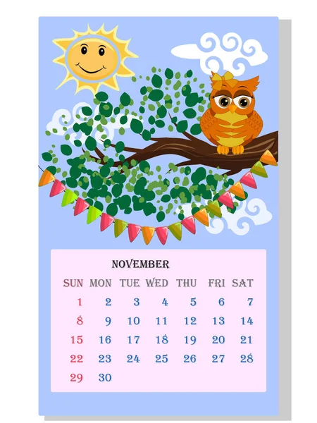 Kalendarz 2021 Słodki Kalendarz Zabawnymi Sowy Kreskówkowe Listopad — Wektor stockowy
