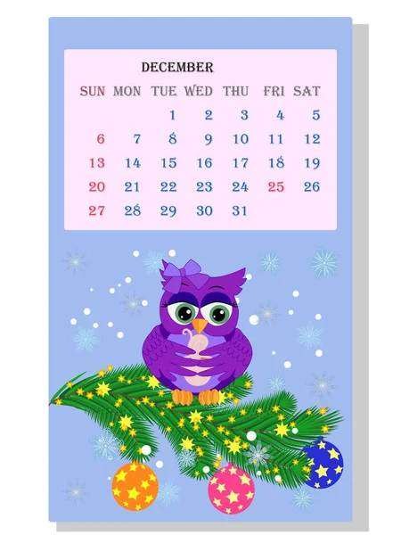 Kalendarz 2021 Słodki Kalendarz Zabawnymi Sowy Kreskówkowe Grudzień — Wektor stockowy