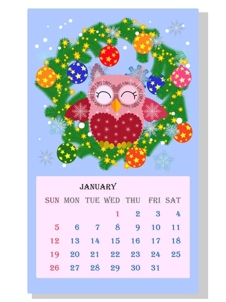 Kalendarz 2021 Słodki Kalendarz Zabawnymi Sowy Kreskówkowe Styczeń — Wektor stockowy