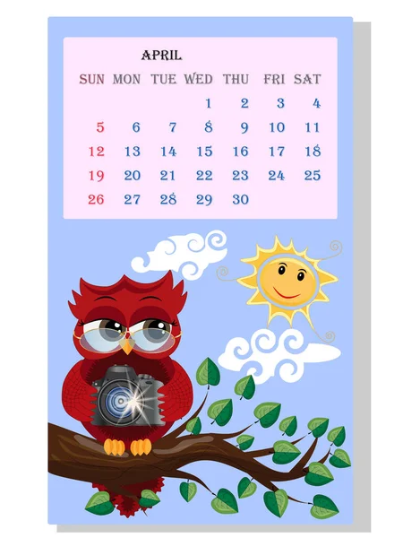 Kalendarz 2021 Słodki Kalendarz Zabawnymi Sowy Kreskówkowe Kwiecień — Wektor stockowy
