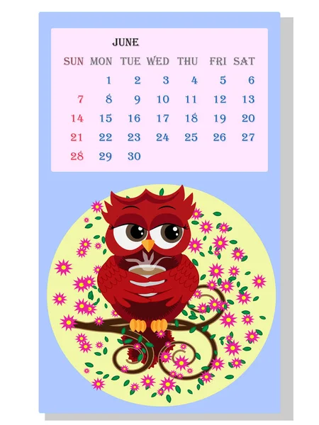 Calendario 2021 Lindo Calendario Con Divertidos Búhos Dibujos Animados Junio — Vector de stock