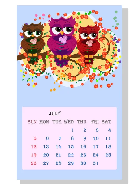 Calendário 2021 Calendário Bonito Com Corujas Engraçadas Dos Desenhos Animados —  Vetores de Stock