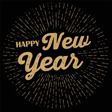 Işık ışınlı Mutlu Yıllar retro etiketinin tipografik çizimi. harf kompozisyonu.