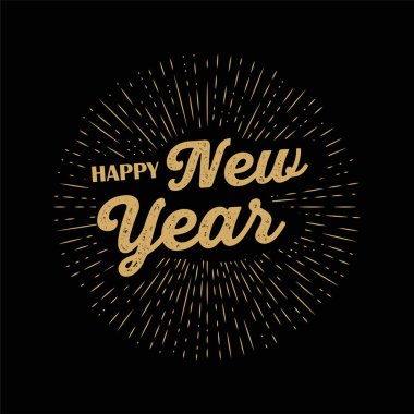 Işık ışınlı Mutlu Yıllar retro etiketinin tipografik çizimi. harf kompozisyonu.