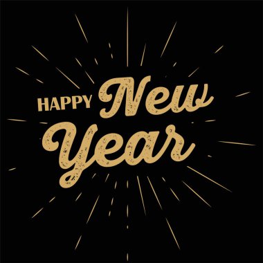 Işık ışınlı Mutlu Yıllar retro etiketinin tipografik çizimi. harf kompozisyonu.