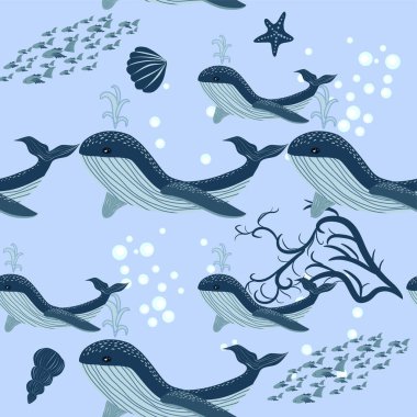 Kusursuz desensiz sevimli okyanus mavi balinası, balık, deniz çapası, yosun, dalga, pastel renkli arkaplan çizimi, el çizimi karikatürü.