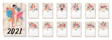 people make love. Concept calendar for 2021. Beautiful couples for every month of the year, silhouettes, relationships, family, Kama Sutra poses. clipart