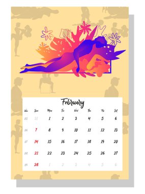 İnsanlar sevişir. 2021 için kavram takvimi. Yılın her ayı için güzel çiftler, siluetler, ilişkiler, aile, Kama Sutra pozları.