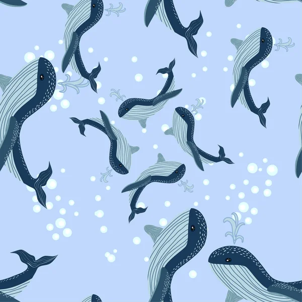 Seamless Sea Pattern Funny Whales Summer Marina Background — Stock Vector