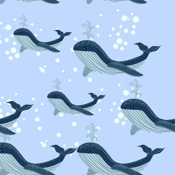 Seamless Pattern Cute Whales Cartoon Style — Stock Vector
