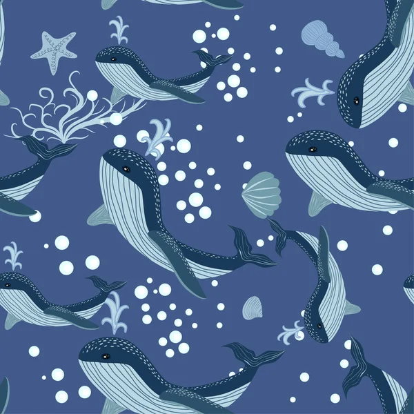 Naadloos Patroon Schattig Schattige Oceaan Blauwe Walvis Vis Zeeanker Zeewier — Stockvector
