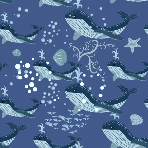 Naadloos Patroon Schattig Schattige Oceaan Blauwe Walvis Vis Zeeanker Zeewier — Stockvector