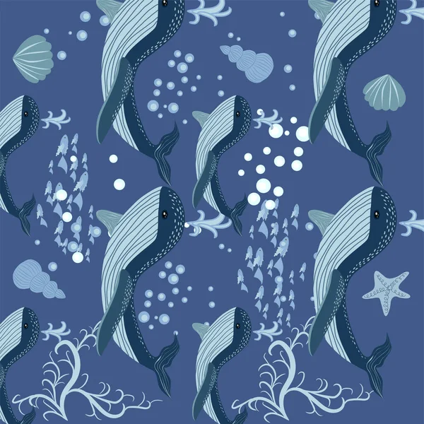 Seamless Pattern Cute Adorable Ocean Blue Whale Fish Sea Anchor — Stock Vector