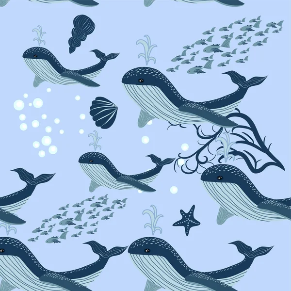Nahtloses Muster Mit Unterwassertieren Algen Und Korallen Wiederholte Textur Mit — Stockvektor