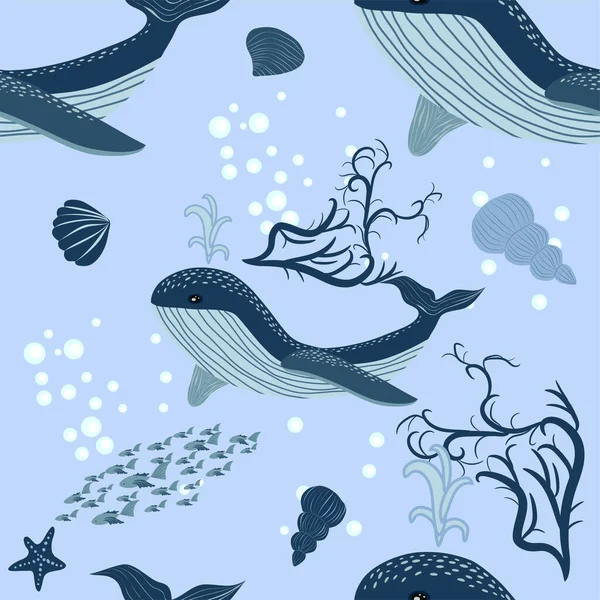 Seamless Pattern Underwater Animals Seaweed Corals Repeated Texture Sea Cartoon — Stock Vector