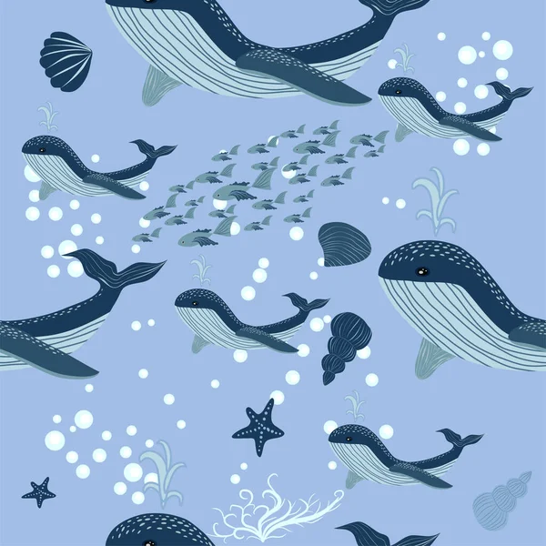 seamless pattern with underwater animals, seaweed and corals. Repeated texture with sea cartoon characters. Colorful childish background.