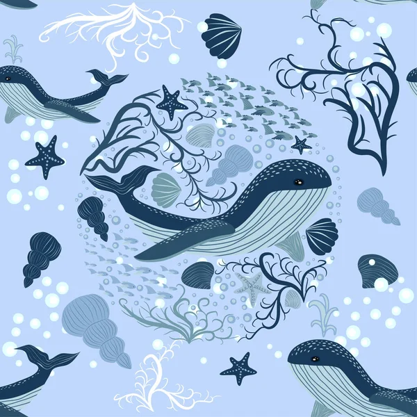 Altı Hayvanlarında Yosunlarda Mercanlarda Kusursuz Desenler Var Deniz Karikatürü Karakterleriyle — Stok Vektör