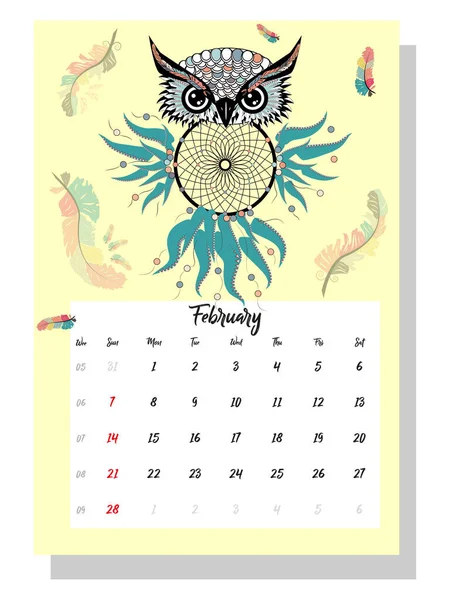 Colorido Lindo Calendario Mensual Boho 2021 Con Atrapasueños Búhos Boho — Archivo Imágenes Vectoriales