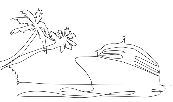 Single continuous one line art ocean travel vacation. Sea voyage holiday tropical island ship yacht luxury island palm tree journey concept design sketch outline drawing