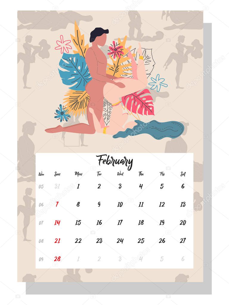 people make love. Concept calendar for 2021. Beautiful couples for every month of the year, silhouettes, relationships, family, Kama Sutra poses.