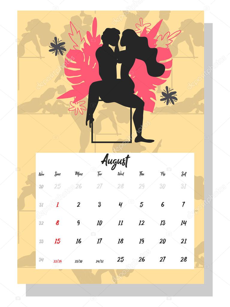 people make love. Concept calendar for 2021. Beautiful couples for every month of the year, silhouettes, relationships, family, Kama Sutra poses.