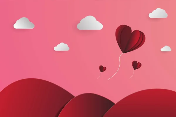Heart-shape balloons papercut in the sky, Landscape papercut vec — Stock Vector