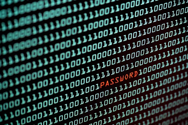 Testo della password e concetto di codice binario dallo schermo del computer desktop, messa a fuoco selettiva, concetto di tecnologia di sicurezza — Foto Stock