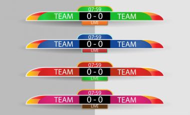 Canlı yayın futbol, futbol ve futsal için dijital ekran grafik şablonu, illüstrasyon vektör tasarım şablonu Ligi maç için puan tahtası. Her iki tarafta gömlek ya da giyim renk takım.