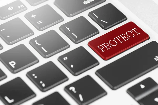 "Papan ketik tombol merah PROTECT pada komputer laptop untuk konsep Bisnis dan Teknologi — Stok Foto