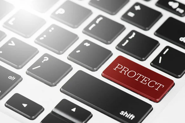 "Papan ketik tombol merah PROTECT pada komputer laptop untuk konsep Bisnis dan Teknologi — Stok Foto