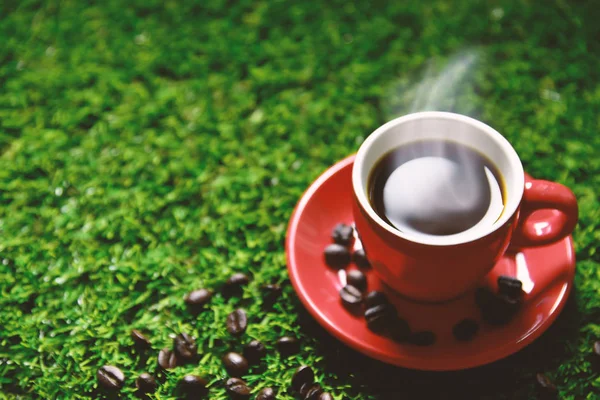 Taza de café rojo en la hierba verde con espacio de copia para texto o publicidad, concepto de bebida, concepto de amor, concepto de relajación, enfoque selectivo en el borde de la taza — Foto de Stock