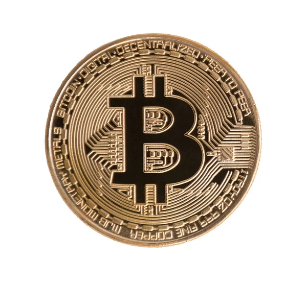 ทอง Bitcoin บนพื้นหลังสีขาวแยก. การตัดเส้นทาง แนวคิดการลงทุนทางการเงินและธุรกิจ เงินตราและสกุลเงินดิจิตอล . — ภาพถ่ายสต็อก