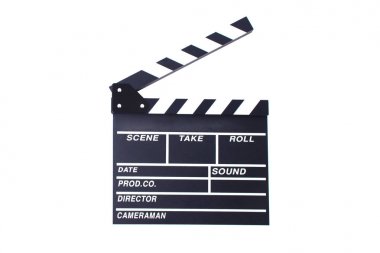 Klaket veya kayrak yönetmen sahne aksiyon filmi rolü oynamak için kesti. Eğlence ve nesne Tema. Dramatik ve Video tema. Siyah ahşap arduvaz kaplamak. İzole beyaz arka plan
