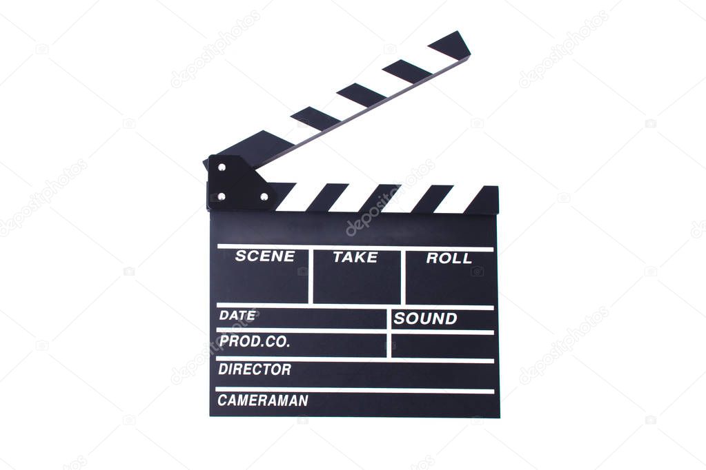 Clapperboard or slate for director cut scene in action movie for role play. Entertainment and object theme. Dramatic and Video theme. Black wooden slate. Isolated white background