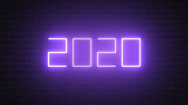 Szczęśliwego Nowego Roku 2020 z migoczącym fioletowym neonem na cegle — Zdjęcie stockowe