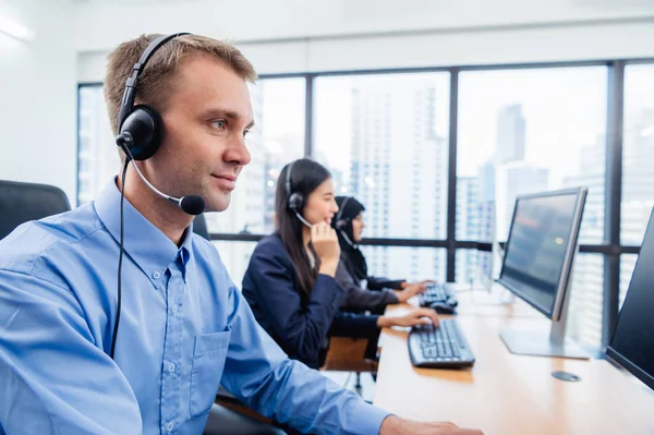Group of young profession call center operator agent with headse — Stock Photo, Image