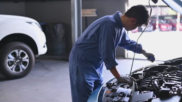 Junger Asiatischer Automechaniker Untersucht Motor Auf Motorhaube Autowerkstatt Werkstattmitarbeiter Überprüfen — Stockvideo