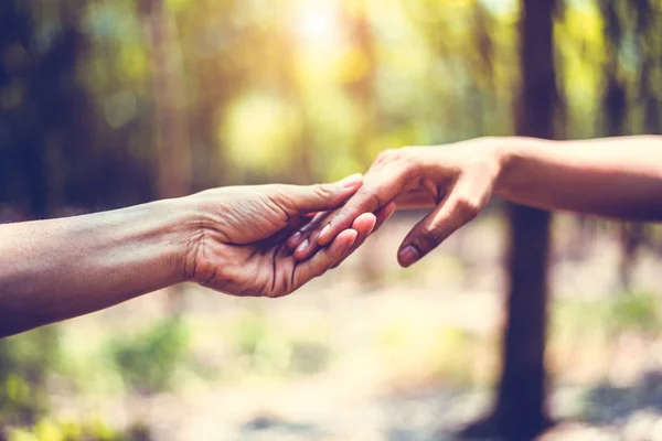 Primo piano di mano di aiuto di umano durante viaggiare in foresta. Mano i — Foto Stock