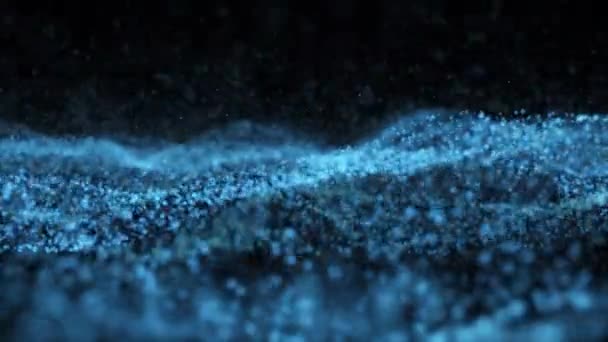 Абстрактна Цифрова Трансформація Частинок Блакитної Кольорової Хвилі Танцює Рух Чорному — стокове відео