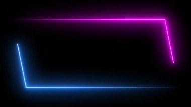 İzole edilmiş siyah arkaplanda iki ton neon renkli hareket grafikli paralel kenarlı resim çerçevesi. Kaplama elementi için mavi ve pembe ışık hareketi. 4k video efekti kusursuz döngü