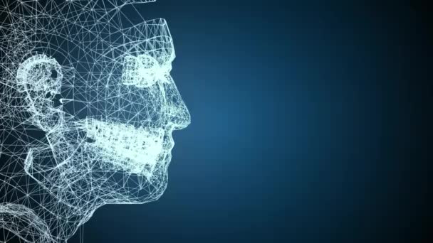 未来のメッシュ人間愛とVr顔データベースハードスキャン情報青の背景に 仮想現実技術と人工知能の概念 デジタル変換4Kフッテージビデオ — ストック動画