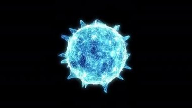 Grip virüsünü kapatın ve izole edilmiş siyah arkaplanda döndürün. Mavi soyut pleksus kablosuz Coronavirüs. Bilim ve tıp. İnsan vücudundaki Corona virüs hücresinin mikro çekirdeği. 4k video hareketi