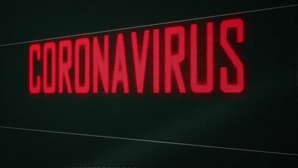 コンピュータピクセル化された緑色の画面表示の背景に赤いコロナウイルスの発生警告フリッカーテキストを閉じます 3Dレンダリングアルファベット 医療と医療の概念 インフルエンザに対する健康調査 — ストック動画