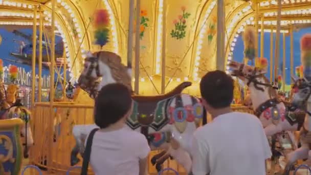 Bekar Bir Kadın Atlıkarıncaya Biniyor Gençken Eğlence Parkında Neşeli Bir — Stok video