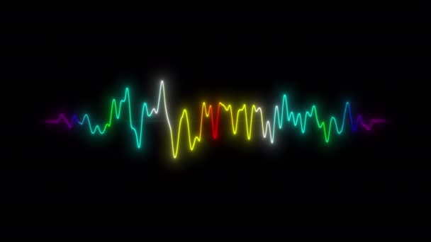 彩色发光的霓虹灯波形在孤立的黑色背景上脉动振幅光 彩虹音频和声波 数字无线电音乐频率图 Vfx运动视频 无缝圈 — 图库视频影像